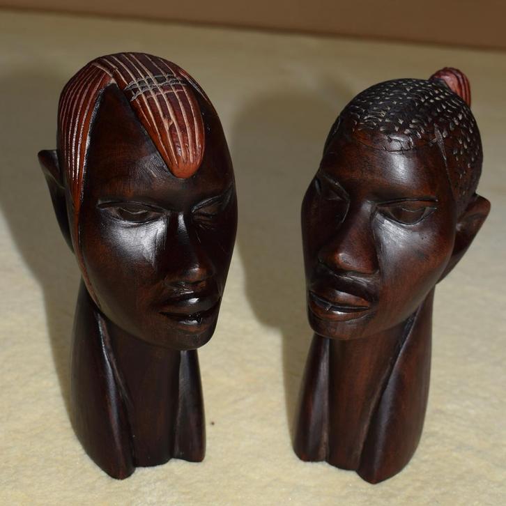 Afrikaanse Houten Bustes uit Kenia - Handgesneden Set van 2, Antiek en Kunst, Kunst | Beelden en Houtsnijwerken, Ophalen of Verzenden