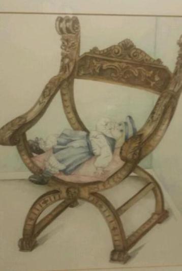 goede aquarel antieke stoel met een pop Marijke van Lammeren beschikbaar voor biedingen