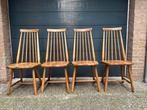 Midcentury spijlenstoelen in stijl van Pastoe, vier stuks, Huis en Inrichting, Stoelen, Ophalen, Zo goed als nieuw, Bruin, Hout