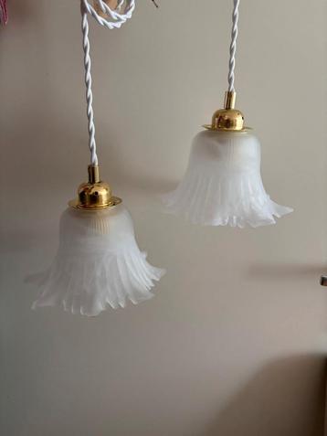 Setje van 2 Vintage mat glazen lamp kapjes met fitting/snoer beschikbaar voor biedingen