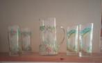Waterkan set met 4 hoge glazen, bloemmotief, vintage, zgan, Ophalen, Glas of Glazen, Overige stijlen, Glas