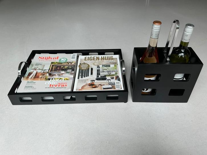 Zwart houten dienblad met bijpassend wijnrek goede kwaliteit, Huis en Inrichting, Woonaccessoires | Dienbladen, Zo goed als nieuw