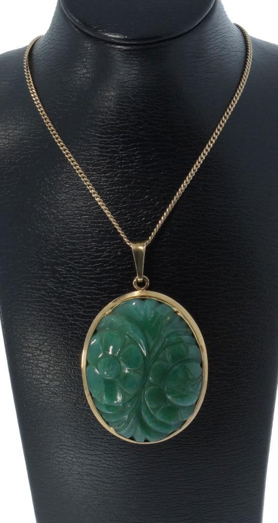 Jade Nefriet bloem grote 14k gouden ketting hanger dames, Sieraden, Tassen en Uiterlijk, Antieke sieraden, Hanger, Goud, Met edelsteen
