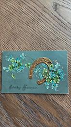 Nieuwjaar. Reliëfkaart.gouden hoefijzer.Vergeet mij nietjes, Ophalen of Verzenden, Gelopen