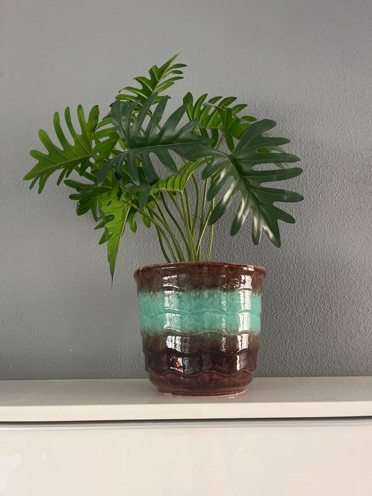 Mooie Aardewerk Bloempot met Groene Accent, Tuin en Terras, Bloempotten, Zo goed als nieuw, Aardewerk, Binnen, Minder dan 40 cm