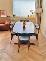 Set 6 Vintage eetkamerstoelen Deens jaren 50/60 stof, Ophalen, Hout, Gebruikt, Blauw