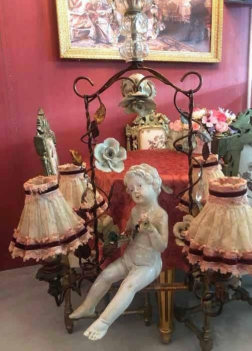 Antiek brocante kroonluchter Jordaanse hanglamp engel beeld, Ophalen of Verzenden