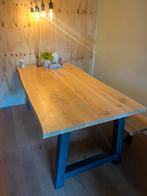 Eiken boomstamtafel met bijpassend bankje, Huis en Inrichting, Tafels | Eettafels, Ophalen, 50 tot 100 cm, Zo goed als nieuw, 150 tot 200 cm