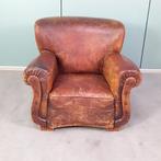 Antieke stoere leren fauteuil, Huis en Inrichting, Fauteuils, Gebruikt, Ophalen of Verzenden, 75 tot 100 cm, Leer
