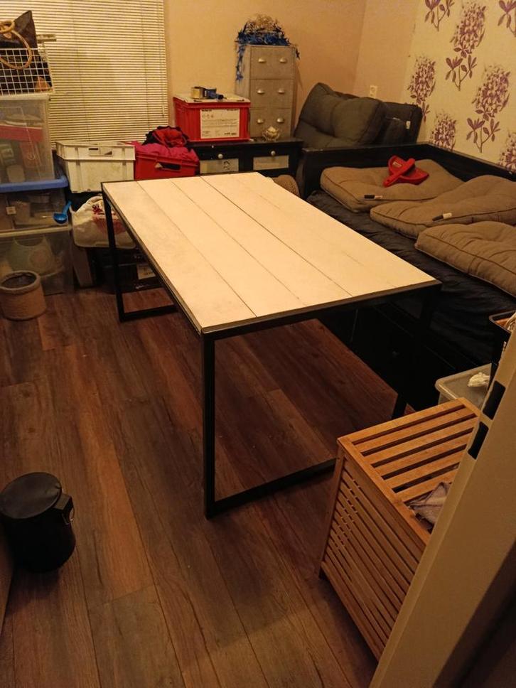 Eettafel - opgeknapt, antraciet frame, lichte planken, Antiek en Kunst, Antiek | Meubels | Tafels, Ophalen of Verzenden