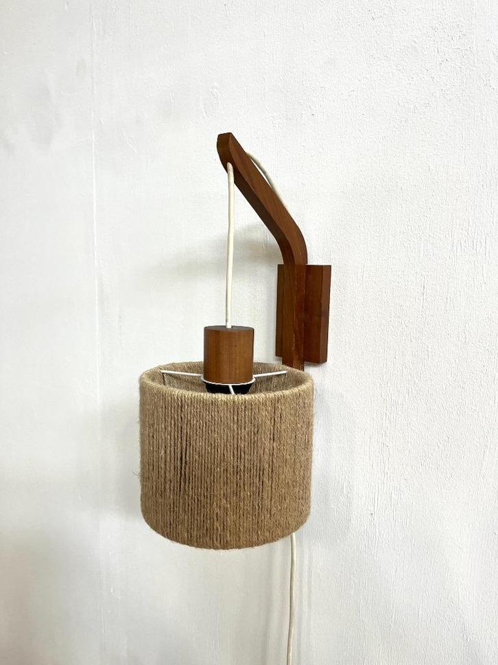 retro vintage Deense teak wandlamp met touwkap, jaren 60, Huis en Inrichting, Lampen | Wandlampen, Gebruikt, Ophalen of Verzenden