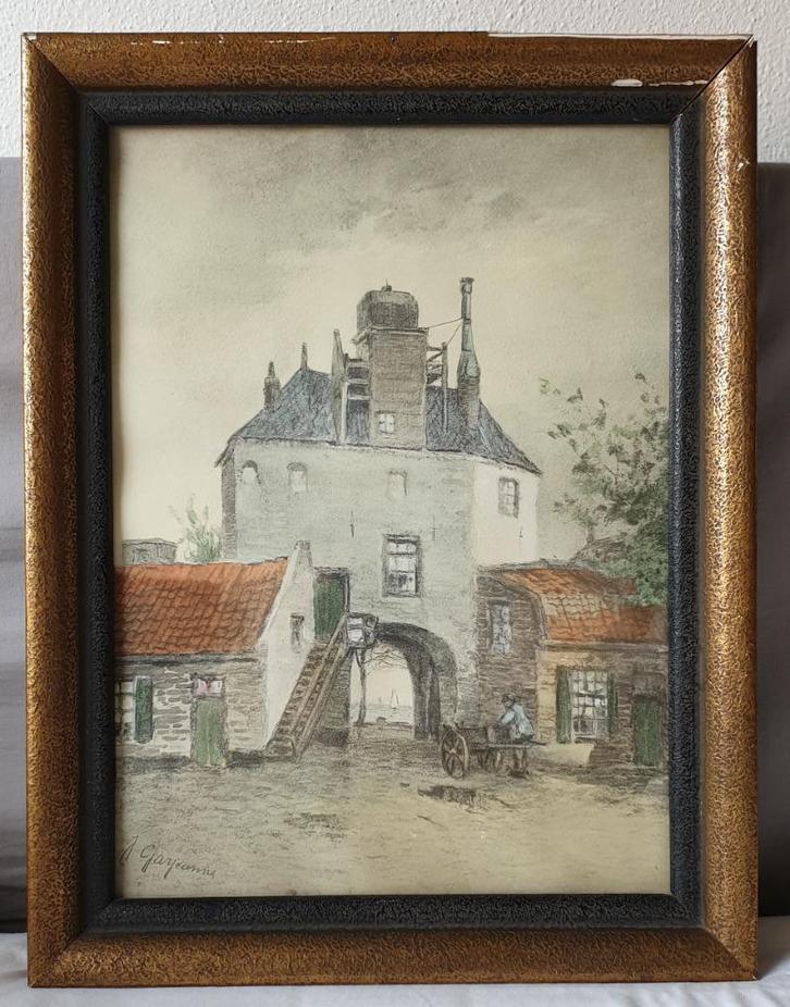 JOHANNES JOSEPHUS GARJEANNE 1860-1930,Vischpoort Harderwijk., Antiek en Kunst, Kunst | Schilderijen | Klassiek, Verzenden