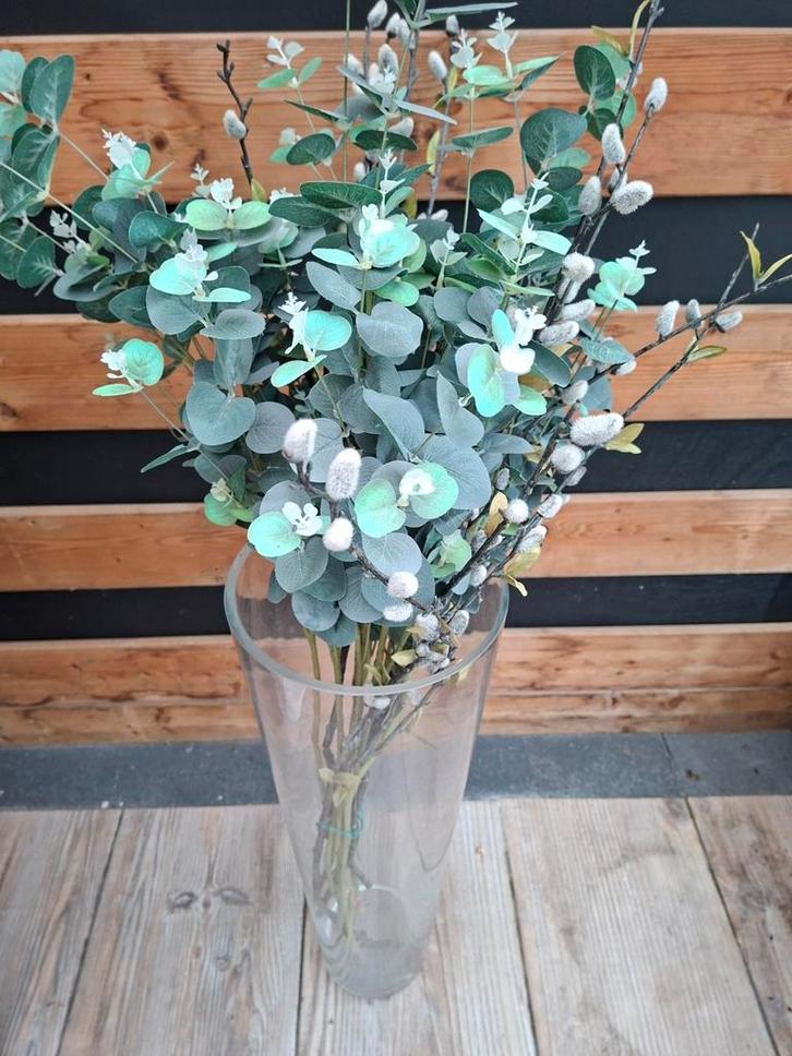 Glazen vaas met kunststof takken, Huis en Inrichting, Woonaccessoires | Kunstplanten en Kunstbloemen, Zo goed als nieuw, Binnen