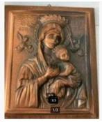Koperen plaquette Maria Madonna Kind houten ondergrond, Antiek en Kunst, Ophalen of Verzenden