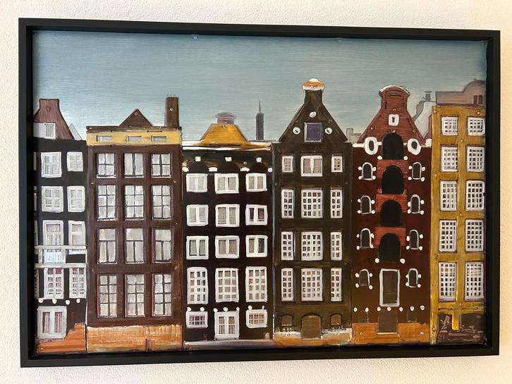 3D Metalen Schilderij Grachtenpandjes, Antiek en Kunst, Kunst | Schilderijen | Klassiek, Ophalen