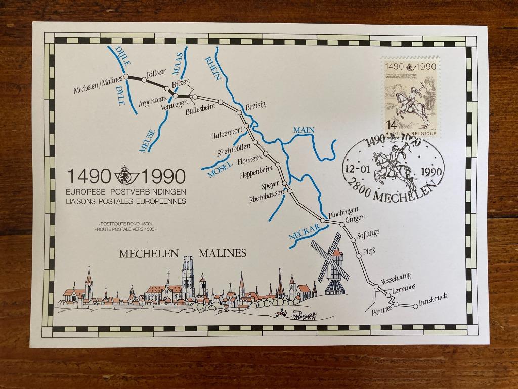 Postzegel postverbindingen 1490-1990 Mechelen - Insbruck, Postzegels en Munten, Postzegels | Europa | België, Ophalen of Verzenden