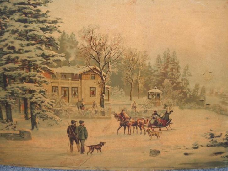 Chromo lithographie Russisch, winters tafereel, Antiek en Kunst, Kunst | Litho's en Zeefdrukken, Ophalen of Verzenden