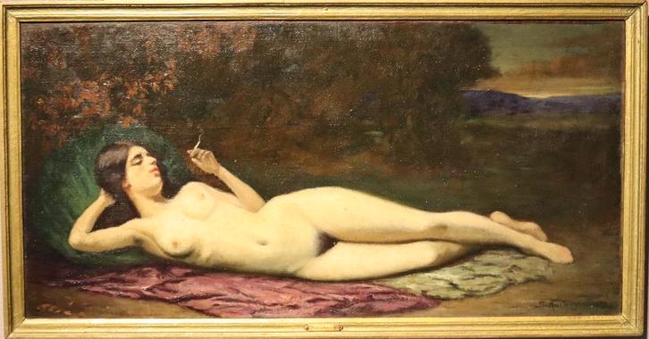 Olieverfpaneel met liggend naakt uit 1925, Antiek en Kunst, Kunst | Schilderijen | Klassiek, Ophalen of Verzenden