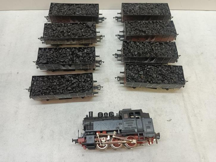 FLEISCHMANN STOOMLOKJE 80-005 MET 8 KOLENWAGONS, Hobby en Vrije tijd, Modeltreinen | H0, Gebruikt, Treinset, Gelijkstroom, Fleischmann