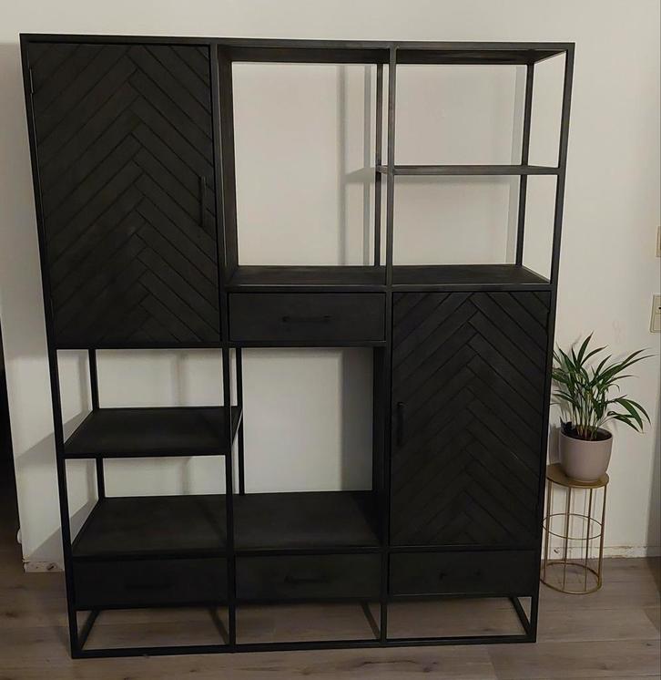 XXL Mangohouten Vakkenkast Visgraat Zwart, Huis en Inrichting, Kasten | Buffetkasten, Nieuw, 200 cm of meer, 150 tot 200 cm, 25 tot 50 cm