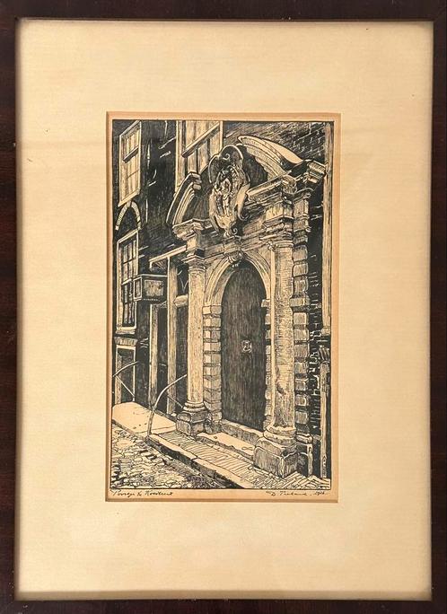 Pentekening Poortje Wijnkopersgildehuis Koestr. 10 Amsterdam, Antiek en Kunst, Kunst | Etsen en Gravures, Ophalen of Verzenden