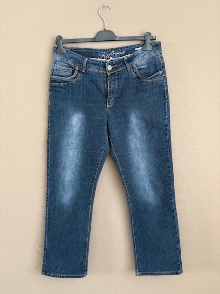 Blauw/Grijze dames spijkerbroek met oranje stiksel., Kleding | Dames, Spijkerbroeken en Jeans, Gedragen, W33 - W36 (confectie 42/44)