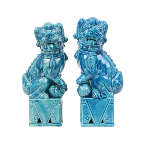 Groot Koppel Foo Dogs Tempelleeuwen Turquoise Keramiek 25cm, Antiek en Kunst, Kunst | Beelden en Houtsnijwerken, Ophalen of Verzenden