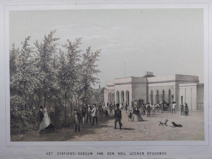 2 / Stationsgebouw Ijzeren Spoorweg te Leiden Steendruk, Antiek en Kunst, Kunst | Litho's en Zeefdrukken, Ophalen of Verzenden