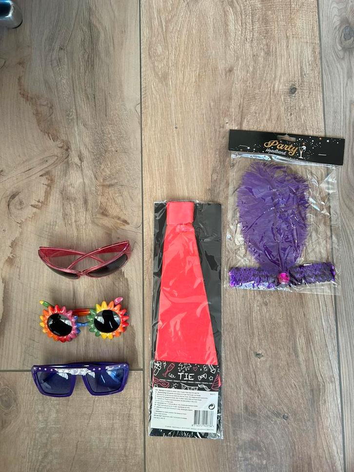 Brillen, stropdas, haarband + veer en slingers voor carnaval, Kleding | Dames, Carnavalskleding en Feestkleding, Zo goed als nieuw