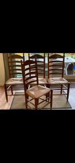 4 houten stoelen (met biezen), Huis en Inrichting, Stoelen, Ophalen, Gebruikt, Bruin, Boerderij