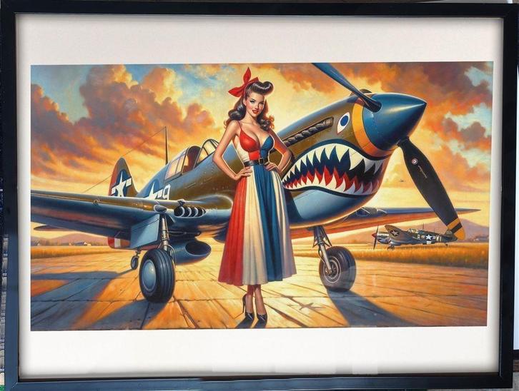 [Poster in Frame] Curtiss P-40 Warhawk leger met pin up girl, Verzamelen, Militaria | Tweede Wereldoorlog, Foto of Poster, Nederland