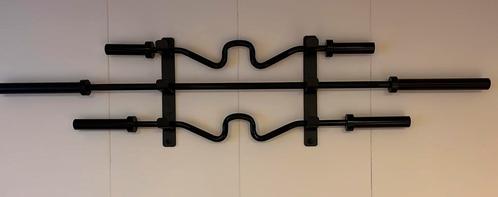 3 zwarte barbells, curl en olympische stang + gunrack, Sport en Fitness, Fitnessmaterialen, Ophalen