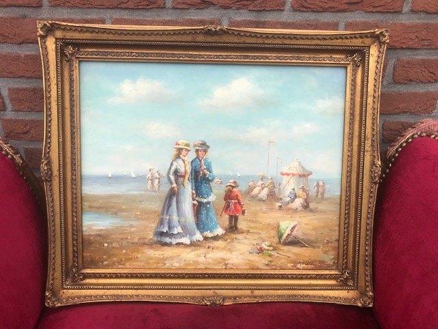 prachtig kleurrijk schilderij, een dagje aan 't strand, Antiek en Kunst, Kunst | Schilderijen | Klassiek, Ophalen of Verzenden