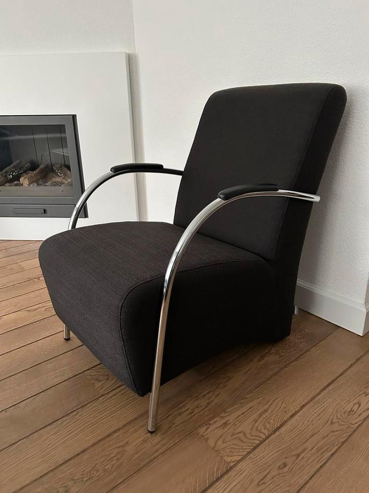 Moderne Woood fauteuil chroom/stof van antaciet donkergrijs, Huis en Inrichting, Stoelen, Zo goed als nieuw, Eén, Metaal, Zwart