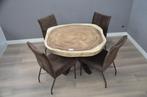 Suar boomstamtafel rond 120cm -  BT962, Rond, Nieuw, Ophalen of Verzenden, Vijf personen of meer