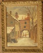 Nederlands stadsgezicht met stadspoort - olieverf/paneel, Antiek en Kunst, Ophalen of Verzenden