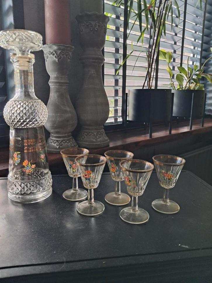 Glazen karaf met 5 likeurglaasjes, Antiek en Kunst, Antiek | Glas en Kristal, Ophalen of Verzenden