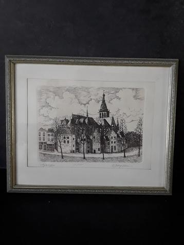 Pentekening/ets Nijmegen stevenskerk/benedenstad beschikbaar voor biedingen