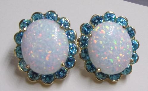 14K gouden oorbellen met Opaal en blauwe edelstenen, Sieraden, Tassen en Uiterlijk, Oorbellen, Zo goed als nieuw, Knopjes of Stekers