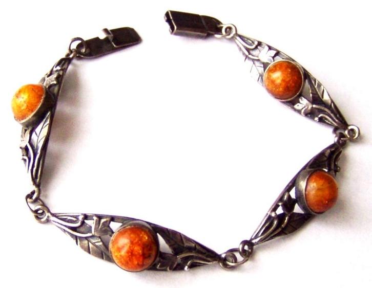 Prachtige 925 zilveren armband met Honing Barnstenen, Antiek, Sieraden, Tassen en Uiterlijk, Antieke sieraden, Armband, Zilver