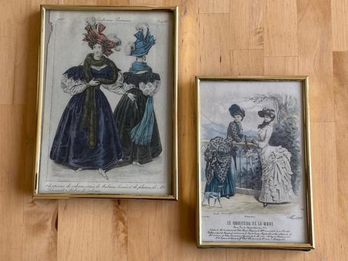 2x Antieke Vintage Brocante modeprentjes in gouden lijst, Antiek en Kunst, Kunst | Schilderijen | Klassiek, Ophalen of Verzenden