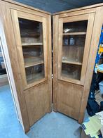 Massief houten teak eettafel 150x150 + 2 vitrinekasten, Ophalen, Met deur(en), 200 cm of meer, Glas