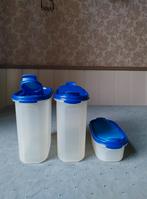 3 ruimtespaarders: 1x nr. 1, 2x nr. 3 met blauw deksel, Huis en Inrichting, Ophalen of Verzenden, Gebruikt, Blauw
