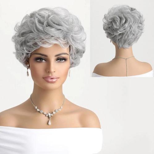 Pruik kort haar met lichte slag medium zilvergrijs mix, Sieraden, Tassen en Uiterlijk, Uiterlijk | Haarverzorging, Nieuw, Pruik of Haarverlenging