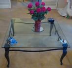 Salontafel (vierkant) met glasplaat en gietijzeren onderstel, Huis en Inrichting, Ophalen, Gebruikt, 100 tot 150 cm, Glas