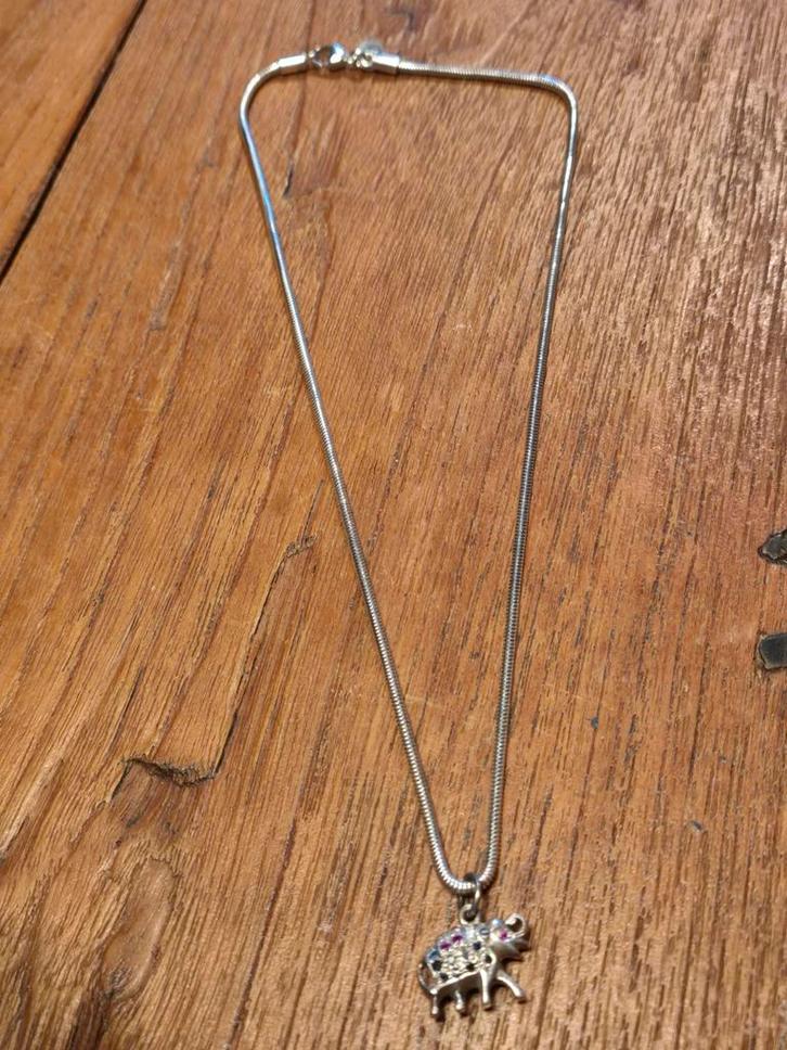 Zilveren ketting met slangschakel en hanger olifant 47 cm, Sieraden, Tassen en Uiterlijk, Kettingen, Zo goed als nieuw, Zilver