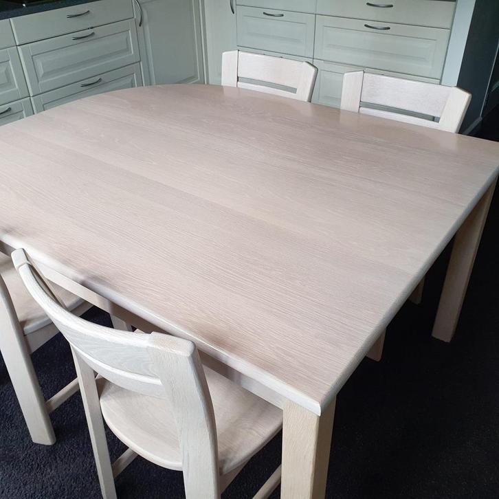 eettafel met 6 stoelen eiken white wash, Huis en Inrichting, Complete eetkamers, Gebruikt, 4 tot 6 stoelen, Ophalen
