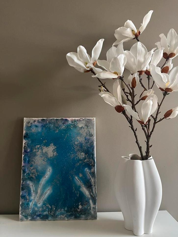 Abstract Schilderij - Blauw en Zilver, 40x30, Antiek en Kunst, Kunst | Schilderijen | Klassiek, Ophalen of Verzenden