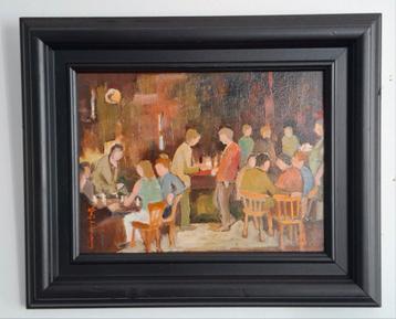 Café scène stamkroeg. Sign. Olie/paneel.  33/27 cm. beschikbaar voor biedingen