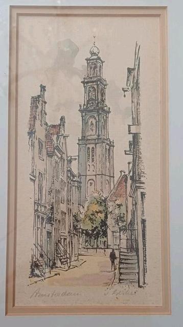 Amsterdam Westertoren ets, gravure, lithografie gesigneerd. beschikbaar voor biedingen
